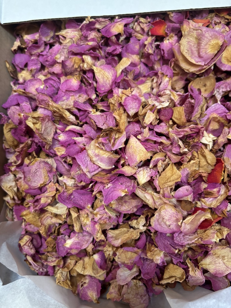 Dried rose petal confetti in a box