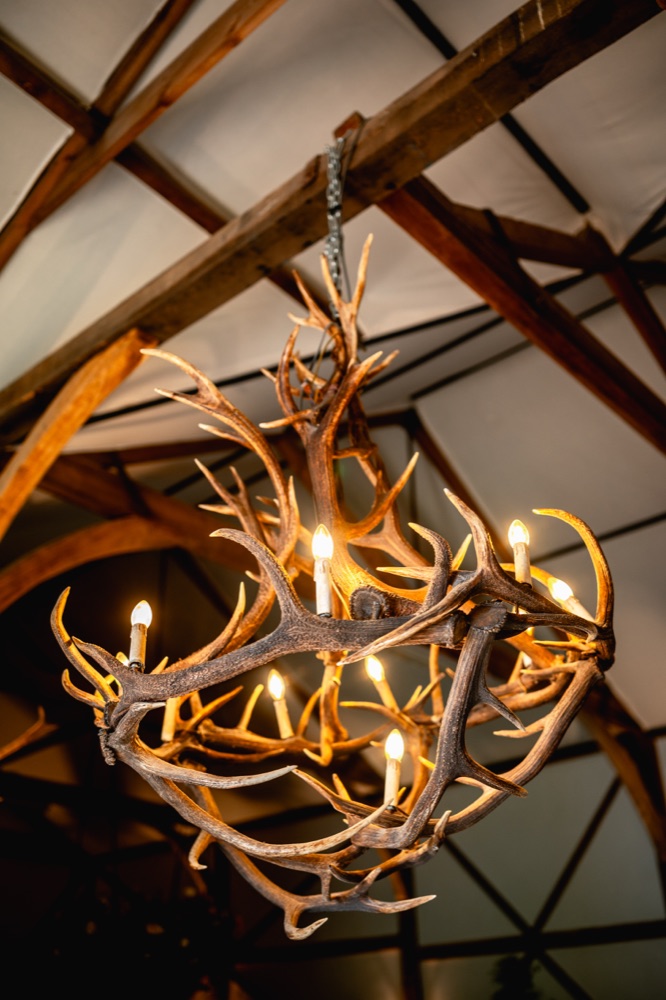 An antler chandelier in the barn